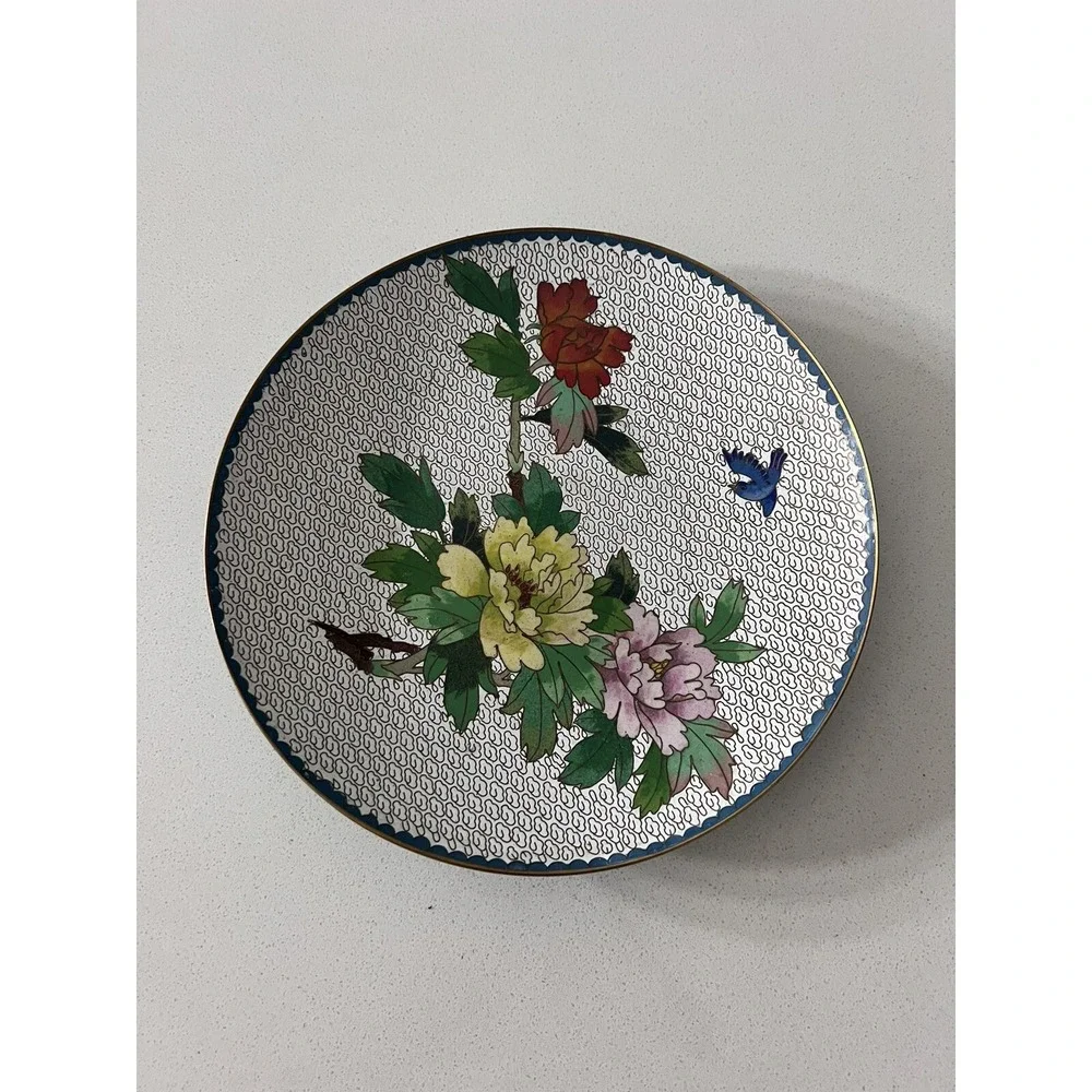 Vintage Chinese Cloisonné Plate Floral Blue Bird Brass Enamel 9